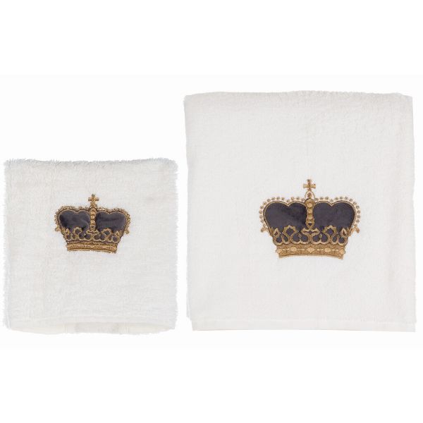 Immagine di Asciugamani in cotone bianco con decoro corona grigia di Blanc Mariclò